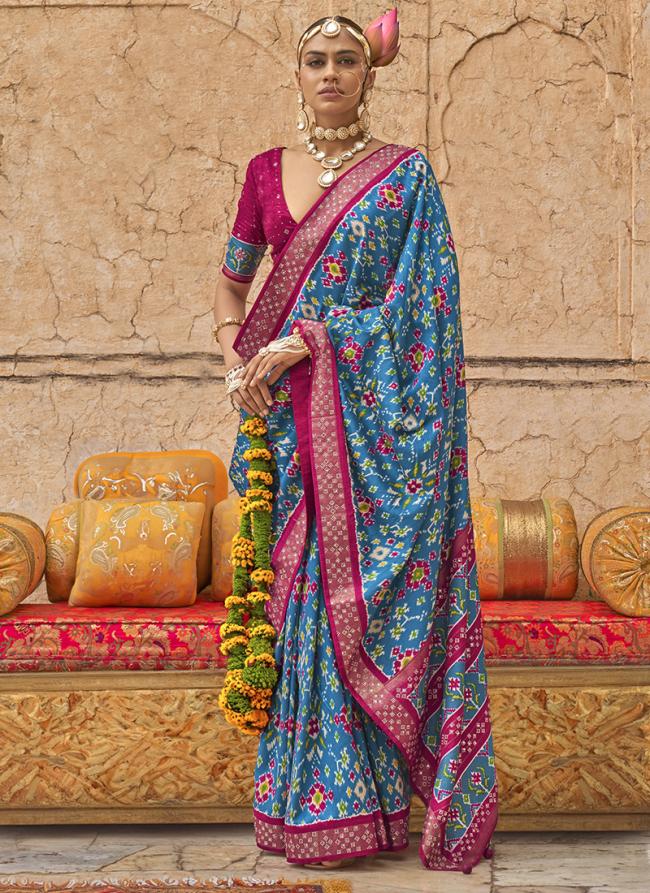 Viscose Silk Sky Blue Festival Wear Printed Saree